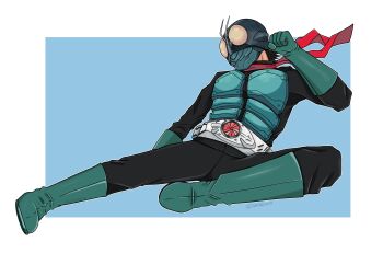 Rule 34 | 1boy, antennae, arm up, armor, armored bodysuit, artist name, black bodysuit, black hair, blue background, bodysuit, boots, border, breastplate, bug, clenched hand, commentary, compound eyes, english commentary, flying kick, full body, gloves, grasshopper, green armor, green boots, green gloves, green helmet, helmet, highres, insect, kamen rider, kamen rider 1, kamen rider 1 (shin), kicking, leather suit, looking ahead, male focus, mask, midair, mixed-language commentary, orange eyes, outstretched leg, red scarf, rider belt, rider kick, scarf, shin kamen rider, short hair, solo, tokusatsu, twitter username, typhoon (kamen rider), waitochan, white border