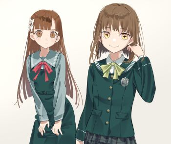 2girls agatsuma_juria aged_down alternate_hair_length alternate_hairstyle blunt_bangs bow bowtie brown_eyes brown_hair closed_mouth collared_shirt dress emblem green_bow green_bowtie green_dress green_jacket hair_bow hashtag-only_commentary hentai_prison highres jacket kyokutyo leaning_forward long_hair looking_at_viewer multiple_girls pleated_skirt red_bow red_bowtie school_uniform second-party_source shirt short_hair simple_background skirt smile standing star-shaped_pupils star_(symbol) symbol-shaped_pupils white_background white_bow yamagishi_himeru