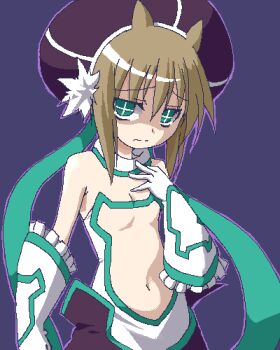 +_+ 1girl bare_shoulders black_hat blonde_hair blue_background clione commentary_request cross-shaped_pupils flat_chest gloves green_eyes hat looking_at_viewer lowres midriff navel pixel_art shaded_face shirokuro_(lapinnoir) short_hair simple_background solo stomach symbol-shaped_pupils white_gloves yumekui_merry