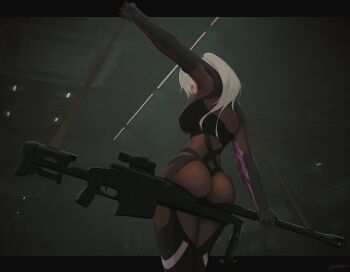 1girl absurdres anti-materiel_rifle ass bolt_action dark_skin girls&#039;_frontline girls&#039;_frontline_2:_exilium grey_hair gun highres holding holding_gun holding_weapon nemesis_(girls&#039;_frontline_2) nishibuya purple_eyes rifle scope sig_san_511 sniper_rifle solo weapon