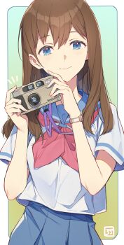 1girl 3s_(tarariko) blue_eyes blue_sailor_collar blue_serafuku blue_skirt breasts brown_hair camera closed_mouth commentary_request hibike!_euphonium highres holding holding_camera kitauji_high_school_uniform kuroe_mayu long_hair looking_at_viewer neckerchief pink_neckerchief pleated_skirt sailor_collar school_uniform serafuku shirt short_sleeves skirt smile solo upper_body watch white_shirt wristwatch