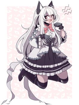 1girl absurdres animal_ears boots bow cat_ears cat_girl commentary commission dreamalgia dress english_commentary eyelashes frilled_dress frills gloves highres lolita_fashion long_hair open_mouth original ribbon skirt solo very_long_hair white_hair