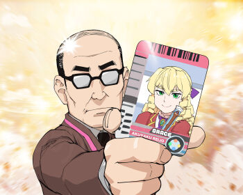 Rule 34 | 1boy, 1girl, akuyaku reijou tensei ojisan, balding, black-framed eyewear, black hair, blonde hair, brown suit, card, character name, closed mouth, dress, drill hair, formal clothes, glasses, grace auvergne, hand fan, highres, holding, holding card, holding fan, long hair, old, old man, red dress, shiny skin, smile, suit, tondabayashi kenzaburou, ueyama michirou, upper body