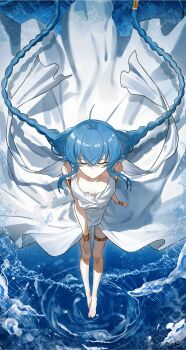 Rule 34 | 1girl, absurdres, ahoge, armlet, bare arms, bare legs, bare shoulders, barefoot, bird, blue hair, bracelet, braid, braided twintails, breasts, breasts apart, chinese commentary, closed eyes, collarbone, commentary request, crossed bangs, dress, floating hair, full body, gold armlet, gold bracelet, gold thighlet, hair between eyes, highres, jewelry, long hair, low twintails, mushoku tensei, ripples, roxy migurdia, small breasts, smile, solo, standing, standing on liquid, thigh gap, thighlet, twin braids, twintails, very long hair, water, white bird, white dress, yisjhui