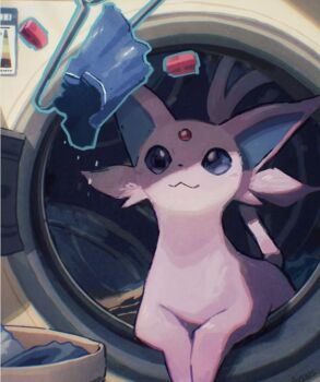 Rule 34 | arc draws, closed mouth, commentary, espeon, forked tail, gen 2 pokemon, glowing object, happy, highres, laundry basket, nintendo, no humans, pokemon, pokemon (creature), pokemon focus, purple eyes, smile, solo, tail, telekinesis, washing machine