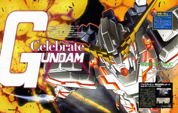 absurdres battle debris energy_sword explosion gundam gundam_unicorn highres logo machinery magazine_scan mecha mecha_focus mixed-language_text mobile_suit newtype no_humans robot scan science_fiction space sword takayama_tomohiro title traditional_media translation_request unicorn_gundam v-fin weapon zero_gravity