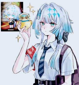 1girl absurdres aqua_eyes armband belt black_bag black_belt black_bow black_shoes blue_hair blue_necktie blue_skirt blunt_bangs blush bow bright_pupils bubbles_(honkai:_star_rail) cerydra_(honkai:_star_rail) chimera_(honkai:_star_rail) closed_mouth collared_shirt commentary crown_hair_ornament diamond-shaped_pupils diamond_(shape) gradient_hair hair_bow hair_ornament hand_up highres holding holding_toy honkai:_star_rail honkai_(series) long_hair looking_at_object low_ponytail multicolored_hair necktie pleated_skirt ponytail red_armband shirt shoes short_sleeves sidelocks simple_background skirt socks solo sparkle striped_necktie symbol-only_commentary symbol-shaped_pupils toy upper_body white_background white_hair white_pupils white_shirt white_socks x_x_(batttsu_404)