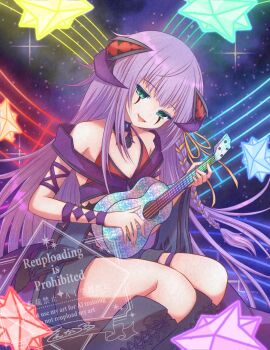 1girl black_boots black_shorts blue_eyes boots character_request duel_monster flat_chest highres holding holding_instrument holding_ukulele ib_(yu-gi-oh!) instrument knightmare_corruptor_iblee lee_(yu-gi-oh!) momobesaeka purple_hair revealing_clothes shorts solo ukulele yu-gi-oh!