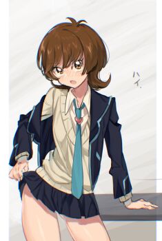 1girl adjusting_clothes antenna_hair artist_request bad_id bad_pixiv_id black_jacket black_skirt blazer blue_necktie blush border brown_background brown_eyes brown_hair brown_sweater_vest clothes_lift dress_shirt facing_viewer flat_chest hand_on_table head_tilt indoors jacket leaning_on_table leaning_to_the_side looking_at_viewer loose_necktie miniskirt necktie off_shoulder open_clothes open_jacket open_mouth partially_undressed pleated_skirt pulling_own_clothes school_uniform shirt skirt skirt_lift sweater_vest turning_head undressing white_border white_shirt yu-gi-oh! yu-gi-oh!_vrains zaizen_aoi