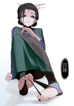 Rule 34 | 1girl, bei chelun de daquan yangcong anakin, black hair, black myth: wukong, black nails, chinese clothes, chinese commentary, chinese text, commentary request, facial mark, feet, foot focus, fourth sister (black myth: wukong), green eyes, grey lips, hair ornament, highres, makeup, nail polish, nervous, pale skin, runny makeup, soles, solo, toeless legwear, toenail polish, toenails, toes, translation request, white background, wiggling toes