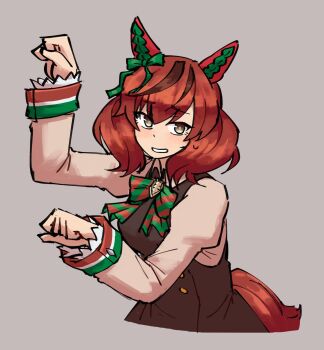 1girl animal_ears arm_up atlaszoidac black_dress bow bowtie brown_eyes brown_streaks buttons clenched_hands collared_dress cropped_torso dot_nose double-breasted dress ear_bow ear_covers embarrassed green_bow grey_background grey_sleeves hands_up highres horse_ears horse_girl horse_pose horse_tail light_blush long_sleeves looking_at_viewer multicolored_hair nervous_smile nice_nature_(poinsettia_ribbon)_(umamusume) nice_nature_(umamusume) red_hair romaji_commentary simple_background sleeve_cuffs smile solo striped_bow striped_bowtie striped_clothes sweatdrop tail twintails two-tone_hair umamusume upper_body white_mouth