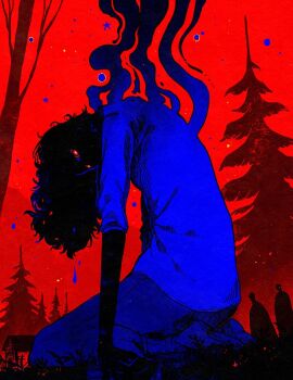 1other arms_at_sides forest head_down house kneeling limited_palette looking_at_viewer nature people red_background star_(symbol) what