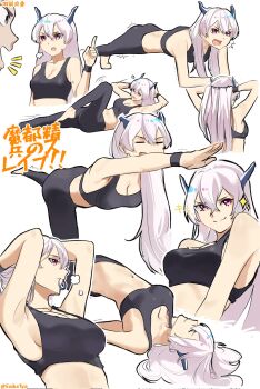 1girl armpits arms_up ass breasts cleavage exercising hair_between_eyes headgear highres long_hair looking_at_viewer mato_seihei_no_slave midriff multiple_views open_mouth pants pink_eyes planking saikiseiya simple_background smile sports_bra sportswear twitter_username uzen_kyouka white_background white_hair yoga yoga_pants