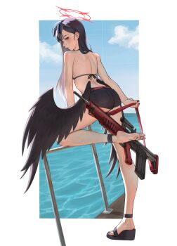 Rule 34 | 1girl, absurdres, ass, barefoot, black eyes, black hair, black shorts, blue archive, cloud, commentary request, eyewear on head, feet, full body, gun, hair behind ear, halo, highres, ichika (blue archive), ichika (swimsuit) (blue archive), long hair, low wings, nail polish, ocean, open mouth, puto trash, sandals, shorts, single sandal, sky, soles, standing, standing on one leg, sunglasses, sweat, swimsuit, toenail polish, toenails, toes, water, weapon, wings