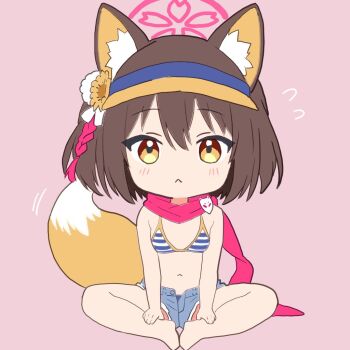 1girl :< animal_ear_fluff animal_ears bikini bikini_top_only blue_archive blue_shorts brown_hair commentary_request deformed flower fox_ears fox_girl fox_tail hair_flower hair_ornament halo izuna_(blue_archive) izuna_(swimsuit)_(blue_archive) navel ochazuke_(artist) pink_background red_halo red_scarf scarf short_hair short_shorts shorts simple_background solo swimsuit tail visor_cap
