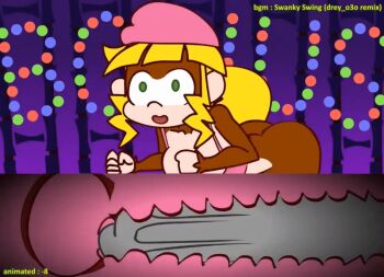 1boy 1girl 2021 20s animated animated_gif ape ass banana blonde_hair bouncing_breasts breasts cervix dixie_kong dixie_kong_animation_(minus8) donkey_kong_(series) donkey_kong_country erection food fruit furry furry_with_non-furry green_eyes hat hetero interspecies jungle large_breasts long_hair minuspal monkey monkey_girl nature nintendo open_mouth penis pink_hat sex simple_background solo_focus tagme uterus vaginal