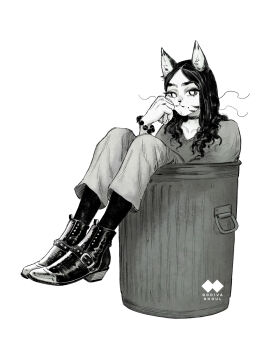 1girl animal_ears ankle_boots artist_logo artist_name artist_self-insert bead_bracelet beads boots bracelet cat_ears clenched_hand closed_mouth collarbone cowboy_boots eyelashes fingernails forehead full_body furry furry_female godiva_(godiva_ghoul) godiva_ghoul greyscale hand_on_own_cheek hand_on_own_face hand_up hatching_(texture) highres in_container in_trash_can jewelry logo long_hair long_sleeves looking_at_viewer mole mole_under_mouth monk_shoes monochrome no_pupils original pants parted_bangs simple_background snout socks solo sweater trash_can v-neck wavy_ends whiskers white_background