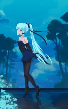 1girl ankle_bow ankle_ribbon arms_behind_back ayaka_(genshin_impact) bare_shoulders black_bow black_choker black_gloves black_pantyhose black_shoes blue_bow blue_dress blue_eyes blue_hair blue_ribbon blunt_bangs blunt_sidelocks bow breasts choker closed_mouth collarbone dress elbow_gloves from_side full_body genshin_impact gloves hair_bow hair_ribbon high_heels high_ponytail ichigoinsoul knees_together_feet_apart leaning_forward light_blush long_hair looking_at_viewer looking_to_the_side low-tied_sidelocks night own_hands_together pantyhose plant ponytail ribbon shoes short_dress sidelocks small_breasts solo standing straight_hair strapless strapless_dress tree very_long_hair