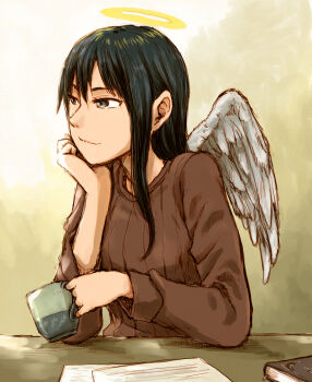 1girl book brown_shirt commentary_request cup haibane_renmei halo head_rest highres holding holding_cup long_hair long_sleeves mug naotan paper reki_(haibane_renmei) shirt sitting solo upper_body white_wings wings