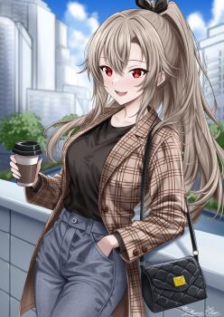 1girl :d absurdres artist_name bag black_bag black_ribbon black_shirt blue_pants breasts brown_coat city coat collarbone commentary cowboy_shot cup day denim disposable_coffee_cup disposable_cup english_commentary eydis_(sao) eyelashes grey_hair hair_between_eyes hair_ribbon hand_in_pocket hand_up handbag highres holding holding_cup jeans leaning_back long_hair looking_at_viewer medium_breasts mixed-language_commentary on_wall open_clothes open_coat open_mouth outdoors pants phanuchan plaid_clothes plaid_coat ponytail red_eyes ribbon shirt shirt_tucked_in sidelocks signature smile solo standing sword_art_online sword_art_online:_alicization sword_art_online:_unleashed_blading tented_shirt