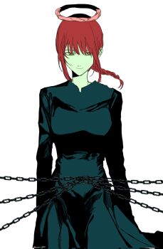 1girl @_@ black_dress blush braid breasts chain chainsaw_man closed_mouth cowboy_shot dress empty_eyes flat_color floating_clothes floating_hair halo hashtag-only_commentary highres kohan_oekaki long_dress long_sleeves looking_to_the_side makima_(chainsaw_man) medium_breasts medium_hair official_alternate_costume pink_halo red_hair ringed_eyes sidelocks single_braid smile solo twitter_username white_background yellow_eyes