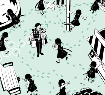 1boy 1girl absurdres animal avogado6 awning bag bench bug butterfly cat cattail child dog dress faceless footprints formal_clothes glasses green_theme highres holding holding_ice_cream_cone ice_cream_cone insect monochrome open_mouth original plant pointing round_eyewear running sequential shoes shopping_bag standing suit