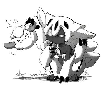 >_< 1girl artist_request black_skin claws colored_skin cottonee crossover dark_skin extra_arms faputa flat_chest gen_5_pokemon made_in_abyss monochrome monster_girl nintendo pokemon pokemon_(creature) squatting very_dark_skin