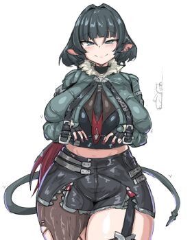 Rule 34 | 1girl, animal ears, black gloves, black hair, black necktie, black shorts, blunt bangs, blush, breasts, closed mouth, cowboy shot, fingerless gloves, fur-trimmed jacket, fur trim, garter straps, geist43195783, gloves, green eyes, green jacket, hair intakes, high-waist shorts, highres, huge breasts, jacket, jane doe (zenless zone zero), long hair, long sleeves, looking at viewer, midriff, mouse ears, mouse girl, mouse tail, multicolored hair, necktie, pantyhose, red hair, short shorts, shorts, simple background, single garter strap, single leg pantyhose, smile, solo focus, standing, tail, thick thighs, thighs, torn clothes, torn pantyhose, two-tone hair, two-tone necktie, white background, zenless zone zero