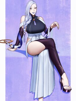 1girl blue_eyeliner blue_lips braid braided_ponytail breasts bridal_gauntlets clothing_cutout commentary_request crossed_legs earrings eyeliner fate/grand_order fate_(series) flip-flops hakama hakama_skirt highres hihizaru_badass hip_vent japanese_clothes jewelry large_breasts makeup mrs._snake_(fate) mrs._snake_(first_ascension)_(fate) purple_nails sandals sash simple_background sitting skirt solo tassel tassel_earrings white_hakama white_sash