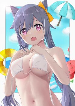 1girl bikini blue_sky blush border bow breasts chinese_commentary cleavage clenched_hands commentary_request cone_hair_bun day diamond-shaped_pupils diamond_(shape) double_bun eyelashes eyes_visible_through_hair fang frown furrowed_brow genshin_impact hair_between_eyes hair_bow hair_bun halterneck hands_up highres keqing_(genshin_impact) large_breasts long_hair looking_at_viewer navel open_mouth orange_bow outdoors outside_border purple_eyes purple_hair sidelocks sky solo stomach swimsuit symbol-shaped_pupils tareme twintails underboob upper_body very_long_hair wardrobe_malfunction white_bikini white_border wodex1nhao1eng