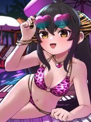 Rule 34 | 1girl, absurdres, animal print, bikini, black hair, blush, breasts, commentary request, hair ribbon, heart, heart-shaped eyewear, heart necklace, highres, idolmaster, idolmaster cinderella girls, jewelry, leopard print, long hair, looking at viewer, matoba risa, musasi1218, nail polish, navel, necklace, night, open mouth, outdoors, poolside, print bikini, print ribbon, purple nails, ribbon, sky, small breasts, smile, solo, star (sky), starry sky, sunglasses, swimsuit, twintails, yellow eyes