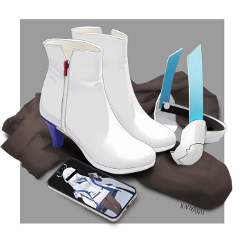 ankle_boots black_pantyhose blue_archive blue_necktie boots commentary_request formal_clothes halo high_heel_boots high_heels highres jacket long_hair long_sleeves mechanical_halo millennium_science_school_logo necktie no_humans noa_(blue_archive) pantyhose phone simple_background suit unworn_boots unworn_pantyhose very_long_hair white_hair white_jacket white_suit xnnagu