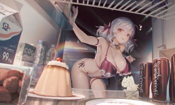 2girls ahoge arm_strap asymmetrical_bangs bell between_breasts bikini black_choker blurry blurry_background bow breasts can cherry chibi chinese_commentary choker cleavage commentary_request cowboy_shot drawstring drink_can drink_carton food frilled_bikini frills fruit girls'_frontline girls'_frontline_2:_exilium grey_hair hair_bow halterneck harpsy_(girls'_frontline_2) highres indoors jewelry jingle_bell large_breasts leaning_forward lens_flare looking_at_viewer medium_hair milk_carton multicolored_bikini multiple_girls neck_bell necklace notice_lines pink_bikini pink_bow plastic_bottle plate pudding red_eyes refrigerator_interior sabrina_(girls'_frontline_2) sabrina_(strawberry_zabaione)_(girls'_frontline_2) side-tie_bikini_bottom soda_can sparkling_eyes spas-12_(girls'_frontline) spencer_sais strawberry swimsuit thigh_strap tmp_(girls'_frontline) tongue tongue_out twintails two-tone_bikini