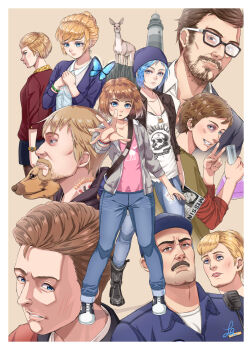 5boys 5girls :o baseball_cap beanie beard black-framed_eyewear black_boots black_shoes black_skirt blonde_hair blue_butterfly blue_eyes blue_hair blue_hat blue_jacket blue_pants boots border bra bra_peek bracelet breasts brown_eyes brown_hair brown_shirt bruise bruised_eye bug bullet_necklace butterfly chloe_price closed_mouth collarbone collared_shirt commentary_request cream_background david_madsen deer denim everyone facial_hair flask frank_bowers glasses grey_jacket hair_bun hands_on_own_chest hat highres holding holding_flask holding_paper hood hood_down injury insect jacket jeans jewelry joyce_price kate_marsh layered_sleeves life_is_strange_(series) life_is_strange_1 light_smile lighthouse long_sleeves looking_at_viewer mark_jefferson max_caulfield missing_poster multiple_boys multiple_girls mustache nathan_prescott open_clothes open_jacket pants pantyhose paper parted_lips pink_shirt pompidou_(life_is_strange) print_shirt profile rachel_amber reaching reaching_towards_viewer red_jacket shirt shoes short_hair short_over_long_sleeves short_sleeves signature single_hair_bun skirt skull_print small_breasts sneakers standing t-shirt three-quarter_sleeves torn_clothes torn_pants underwear unzipped v very_short_hair victoria_chase walkie-talkie warren_graham watch white_border white_shirt wing_collar wristwatch yoohi zipper