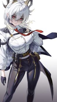 1girl absurdres black_choker black_gloves black_horns black_jacket black_pants blonde_hair breasts button_gap chest_harness choker closed_mouth collared_shirt commentary cowboy_shot curled_horns english_commentary gloves glowing glowing_eyes gradient_background gradient_hair grey_hair hair_between_eyes harness high-waist_pants highres horns jacket jacket_on_shoulders kremble large_breasts long_hair looking_at_viewer mole mole_under_eye multicolored_hair necktie pants red_eyes red_necktie shirt solo tight_clothes tight_pants white_shirt wuthering_waves zani_(wuthering_waves)