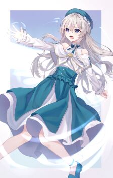 1girl absurdres aqua_dress aqua_hat aqua_shoes bare_shoulders blue_eyes casting_spell celia_claire clothing_cutout commentary_request commission dress frilled_dress frilled_sleeves frills grey_hair hat highres layered_dress long_hair long_sidelocks off-shoulder_dress off_shoulder pixiv_commission sarin_(seoling) seirei_gensouki shawl shoes shoulder_cutout sidelocks very_long_sidelocks white_shawl