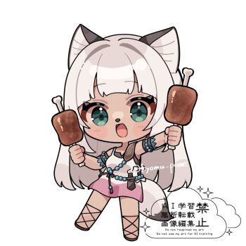 Rule 34 | 1girl, :d, animal ears, animal nose, commentary request, eyelashes, food, full body, green eyes, holding, holding food, kyomu pome2, long hair, looking at viewer, meat, ochette (octopath traveler), octopath traveler, octopath traveler ii, open mouth, simple background, smile, solo, standing, tail, watermark, white background, white hair
