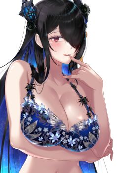 1girl :p arm_under_breasts arm_up black_bra black_hair blue_hair bra breasts cleavage colored_inner_hair flower hair_ornament hair_over_one_eye highres hololive hololive_english horn_flower lace lace-trimmed_bra lace_trim large_breasts light_blush liyan1112 long_hair looking_at_viewer multicolored_hair nerissa_ravencroft purple_eyes simple_background slit_pupils solo swept_bangs tassel tassel_hair_ornament tongue tongue_out underwear upper_body very_long_hair virtual_youtuber white_background