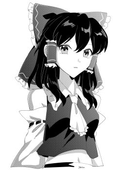 1girl absurdres artist_name ascot bow breasts commentary_request detached_sleeves frilled_bow frilled_hair_tubes frills greyscale hair_bow hair_tubes hakurei_reimu highres long_hair medium_breasts midriff monochrome navel open_mouth ribbon-trimmed_sleeves ribbon_trim solo touhou uehara_suiyo