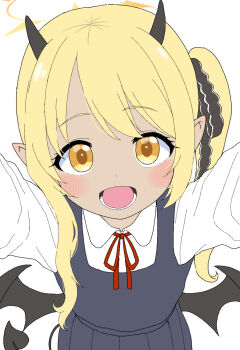1girl blonde_hair blue_archive blush child highres horns ibuki_(blue_archive) open_mouth pointy_ears reaching reaching_towards_viewer solo tail takku wings yellow_eyes