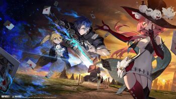 1boy 1other 2girls :o absurdres ace_(playing_card) ace_of_diamonds ace_of_spades animal animal_on_head bag bare_shoulders bird bird_on_head black_coat black_hat black_jacket black_shirt blonde_hair blue_eyes blue_fire blue_hair buddha card claw_ring closed_mouth coat coat_on_shoulders colored_tips copyright_name copyright_notice covered_navel cowboy_shot cup dandelion diamond_(shape) dress drinking_glass elbow_gloves fire flaming_weapon floating_hair flower front_ponytail garter_straps gloves greatsword green_eyes grin group_leader_(xinyue_tongxing) hat highres holding holding_cup holding_sword holding_weapon index_finger_raised jacket joker_(playing_card) king_(playing_card) king_of_diamonds logo long_hair looking_at_viewer multicolored_hair multiple_girls nanqiao_(xinyue_tongxing) official_art official_wallpaper on_head one_eye_closed orange_eyes orange_sky outdoors outstretched_arm pants pencil_dress pink_hair playing_card qiaoshou_(xinyue_tongxing) red_gloves red_thighhighs scar scar_across_eye scar_on_face shirt shoes short_dress short_hair short_sleeves shoulder_bag sky smile spade_(shape) statue sun sword thighhighs top_hat twintails upper_body v-shaped_eyebrows weapon white_bird white_coat white_dress white_hair white_hat white_pants white_shoes xidao_(xinyue_tongxing) xinyue_tongxing yinhuo_(xinyue_tongxing)