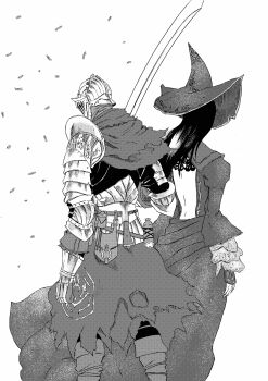 1boy 1girl 913kousatu absurdres alva_the_wayfarer armor back backless_dress backless_outfit belt belt_pouch breastplate cape cowboy_shot dark_souls_(series) dark_souls_ii dress from_behind gauntlets greyscale hat highres holding holding_sword holding_weapon knight long_hair monochrome pauldrons pouch shoulder_armor simple_background standing sword torn_cape torn_clothes weapon witch witch_hat zullie_the_witch