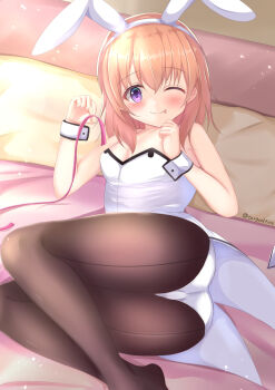 1girl animal_ears back-seamed_legwear black_pantyhose cargoodfire gochuumon_wa_usagi_desu_ka? highres hoto_cocoa leotard nail_polish pantyhose playboy_bunny rabbit_ears seamed_legwear white_leotard