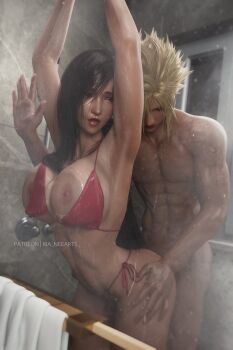 1boy 1girl 3d against_glass arms_up bikini bikini_top_aside black_hair blonde_hair breast_press breasts breasts_on_glass clothed_female_nude_male cloud_strife final_fantasy final_fantasy_vii final_fantasy_vii_remake hetero highres large_breasts long_hair muscular muscular_male navel nipples nude red_bikini ria_(baka-neearts) sex sex_from_behind shower_(place) showering swimsuit tifa_lockhart toned vaginal very_long_hair wet