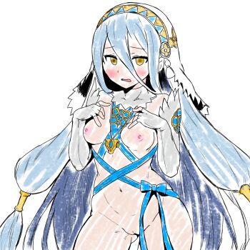 1girl azura_(fire_emblem) blue_hair blush breasts fingerless_gloves fire_emblem fire_emblem_fates gloves gluteal_fold hands_on_own_chest headdress looking_at_viewer medium_breasts midriff navel nemonemonerune nintendo nipples nude pussy ribbon simple_background solo yellow_eyes