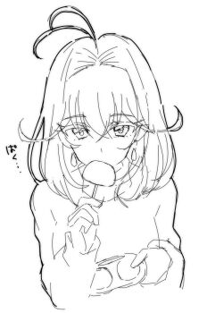 Rule 34 | 1girl, aged up, antenna hair, commentary request, earrings, eating, food, greyscale, hair between eyes, hair intakes, headband, holding, holding food, jewelry, kuuma25 kuma, looking at viewer, meitantei precure!, monochrome, moria luluka, precure, shared food, simple background, sleeveless, sleeveless turtleneck, solo, sweater, teardrop earrings, translation request, turtleneck, white background, yukimi daifuku (food)