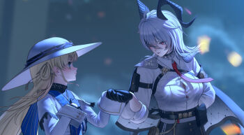 2girls arm_pouch armband black_armband black_collar black_gloves black_horns blonde_hair blue_eyes blue_sash blurry blurry_background breasts button_gap chest_harness collar commentary cupman curled_horns english_commentary gloves harness hat high-waist_pants highres holding_hands horns jacket jacket_on_shoulders large_breasts long_hair looking_at_another multiple_girls necktie pants phoebe_(wuthering_waves) red_eyes red_necktie sash shirt_tucked_in tight_clothes tight_pants white_hair white_hat wuthering_waves yuri zani_(wuthering_waves)