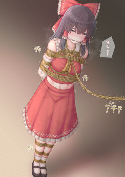 1girl ascot bdsm black_shoes blush bondage bound bound_arms bound_legs bow breasts brown_eyes brown_hair cloth_gag commentary_request commission crying crying_with_eyes_open detached_sleeves frilled_bow frilled_hair_tubes frills furaifish gag gagged hair_bow hair_tubes hakurei_reimu highres improvised_gag long_hair mary_janes navel red_bow red_skirt rope shibari shibari_over_clothes shoes skeb_commission skirt skirt_set socks solo speech_bubble tears touhou translation_request trembling white_socks yellow_ascot