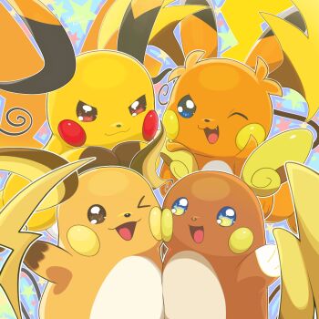 Rule 34 | alolan form, alolan raichu, blue eyes, brown eyes, commentary request, fang, gen 1 pokemon, gen 7 pokemon, highres, looking at viewer, mega pokemon, mega raichu x, mega raichu y, nintendo, no humans, one eye closed, open mouth, pokemon, pokemon (creature), pokemon focus, raichu, runachikku, smile, star (symbol)