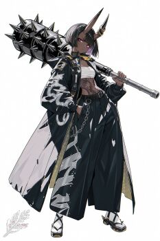 1girl bandaged_chest belt black_hair bousouzoku breasts chain club_(weapon) dark-skinned_female dark_skin delinquent full_body hand_on_pocket holding holding_weapon horns huge_weapon jacket looking_at_viewer okomechan991 oni pink_eyes serious small_breasts socks tattoo weapon white_socks